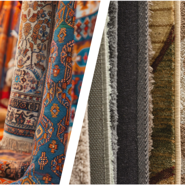 Nærbillede af to tæppe rækker: Sammenligning af orientalske tæpper og moderne tæppe bagsider.